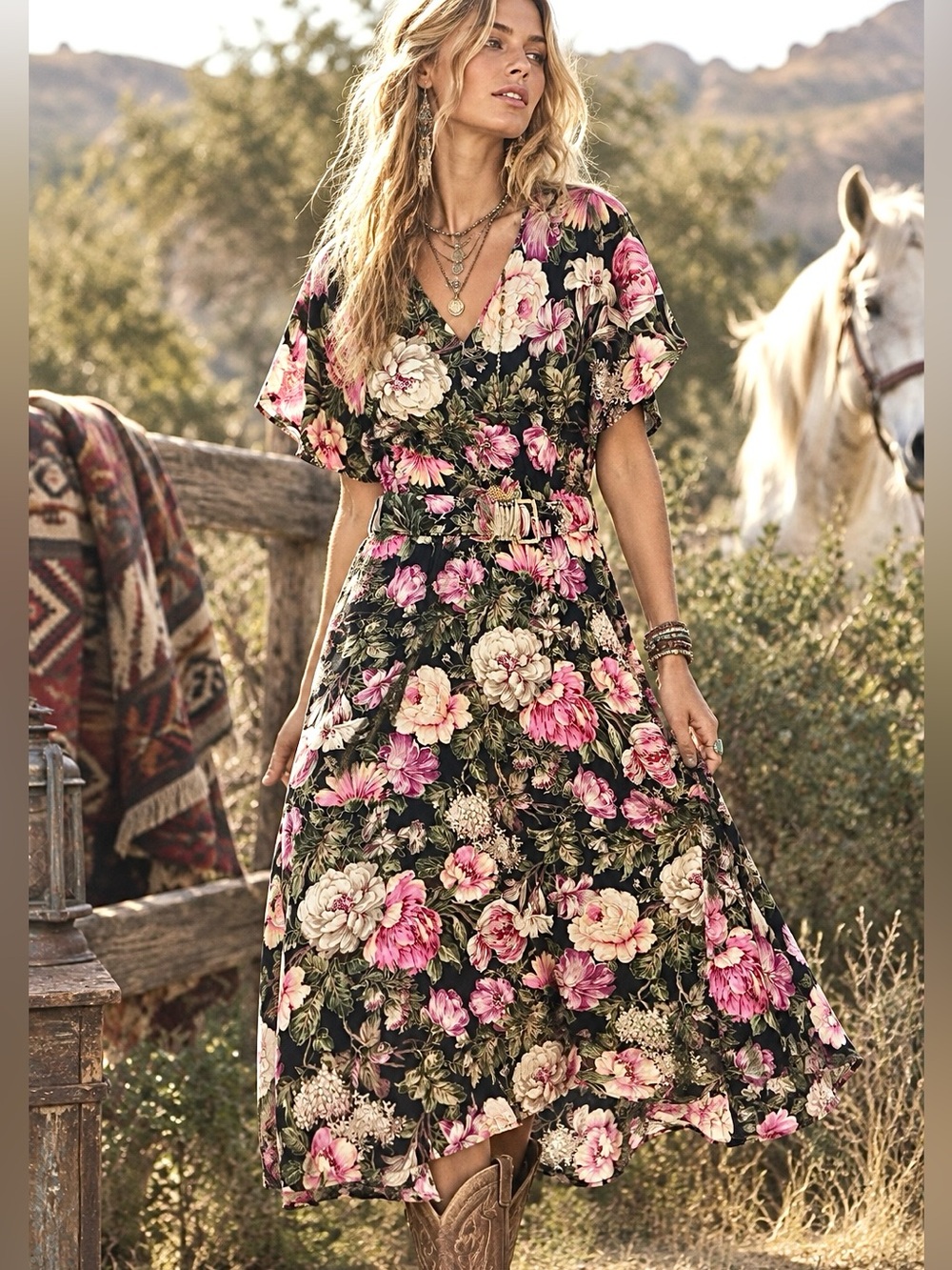 Vintage Floral V-Neck Midi Dress with Belt - Black/Pink